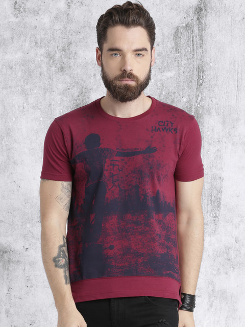 

Roadster Men Maroon Printed Round Neck T-shirt