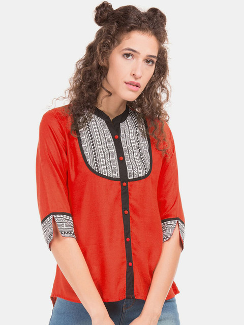 

Bronz Women Red & Black Yoke Printed Mandarin Collar Top