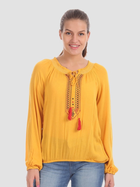

Bronz Yellow Yoke Embroidered Tie-Up Neck Blouson Top
