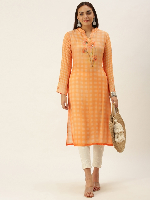 

Saanjh Women Peach-Coloured Checked Thread Work Kurta