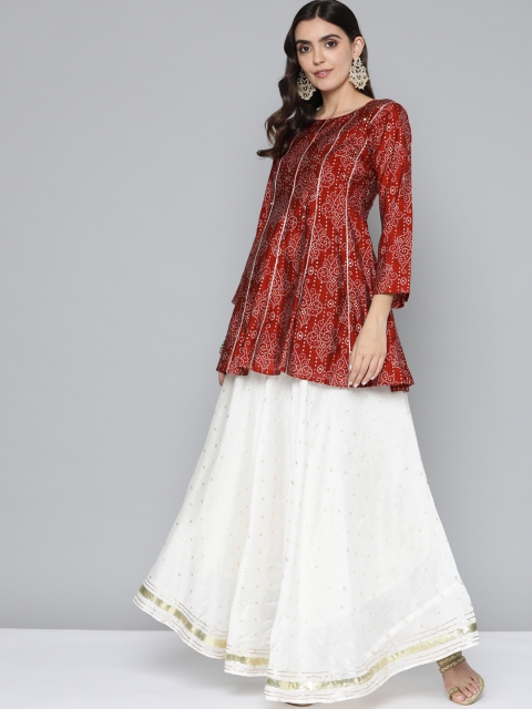 

Kvsfab Women Maroon Bandhani Printed Panelled Sequinned Kurta with Skirt