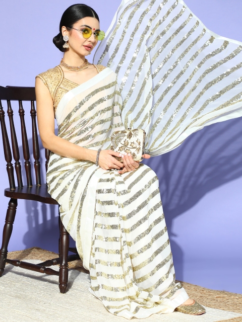 

Chhabra 555 Striped Saree with Solid border, Off white