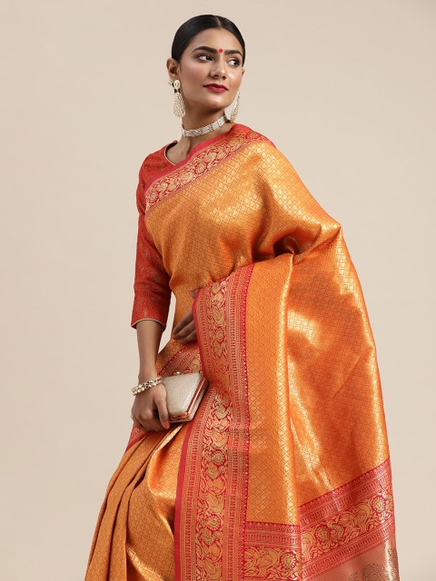 

Chhabra 555 Orange & Red Ethnic Motifs Zari Silk Blend Kanjeevaram Saree