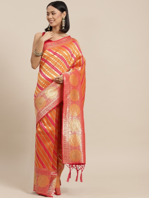 

Chhabra 555 Orange & Golden Striped Kanjeevaram Saree