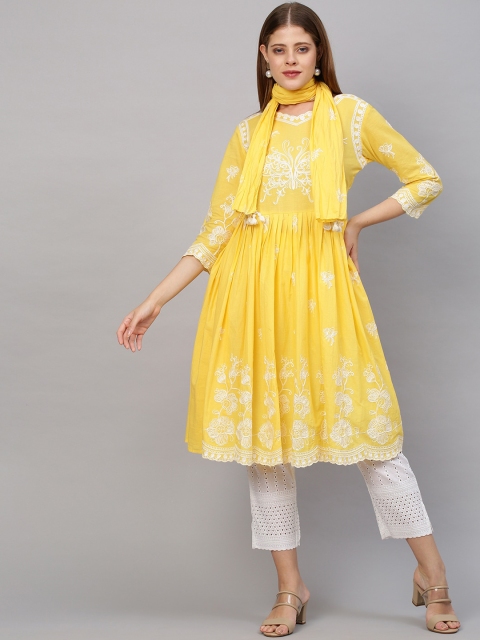 FASHOR Women Yellow & White Ethnic Motifs Embroidered Pure Cotton Kurti Set With Dupatta