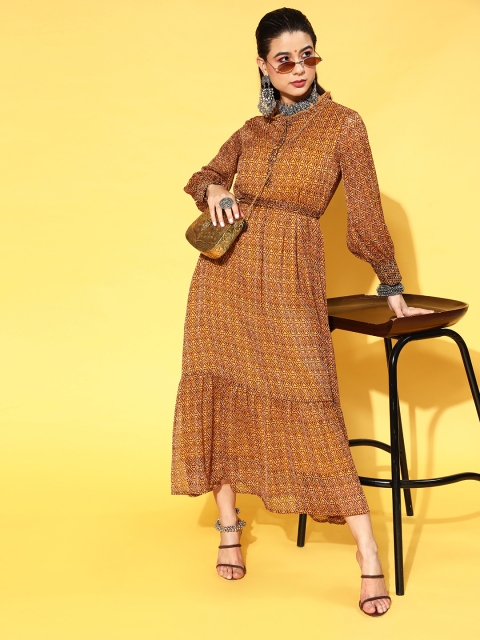 

Juniper Women Stylish Mustard Geometric Swirling Volume Dress