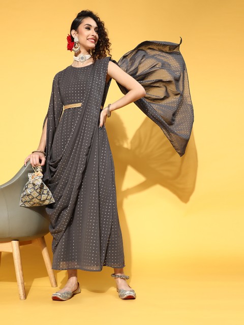 

Juniper Women Beautiful Charcoal Polka-Dotted Draped Luxe Dress
