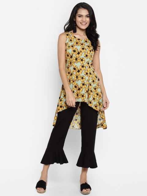 

DEEBACO Mustard Yellow Floral Print Crepe High-Low Longline Top