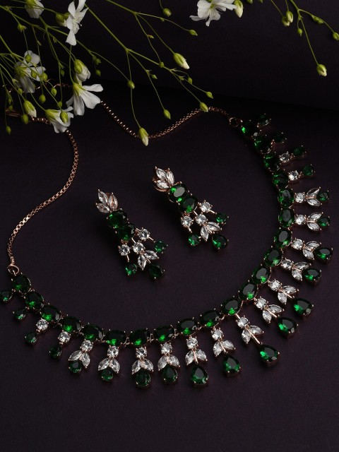 

SOHI Silver-Plated Green & White Stone Studded Jewellery Set