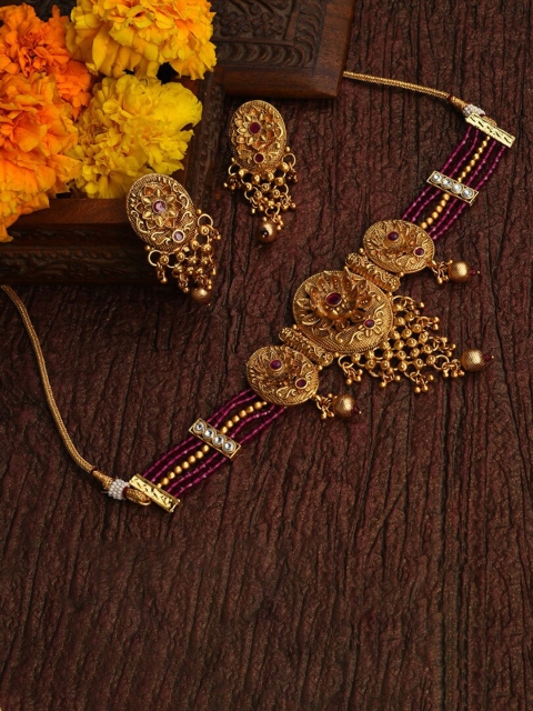 SOHI Gold-Plated Pink Stone Studded & Beaded Jewellery Set