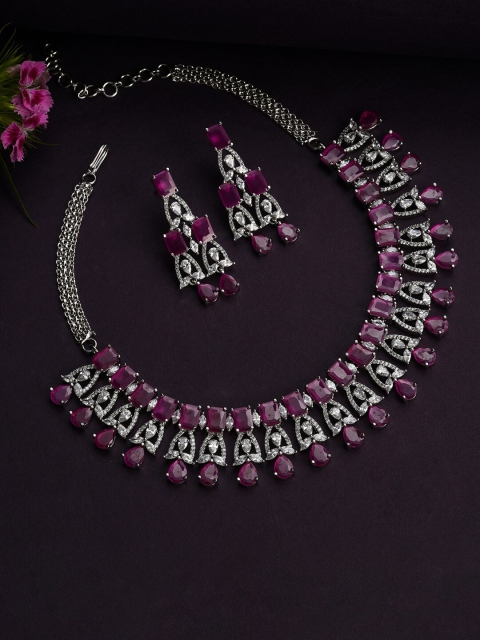 

SOHI Silver-Plated Pink Stones Studded Jewellery Set