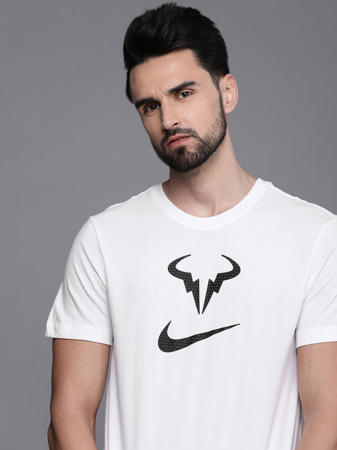 

Nike Men White & Black Brand Logo Printed Dri-FIT Rafael Nadal T-shirt
