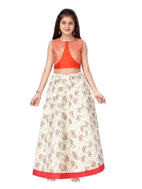 

Aarika Girls Orange & Cream Gold-Toned Floral Printed Ready To Wear Lehenga & Blouse