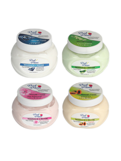 

Pink Plums Set of Diamond-Cucumber-Skin Whitening & Papaya Massage Cream - 250 ml Each, White