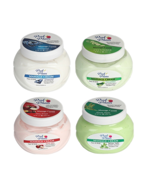 

Pink Plums Set of Diamond-Fruit Mix-Cucumber & Neem Tulsi Massage Cream - 250 ml Each, White