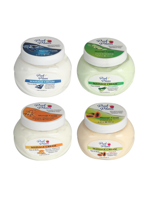 

Pink Plums Set of Diamond-Cucumber-Honey Almond & Papaya Massage Cream - 250 ml Each, White