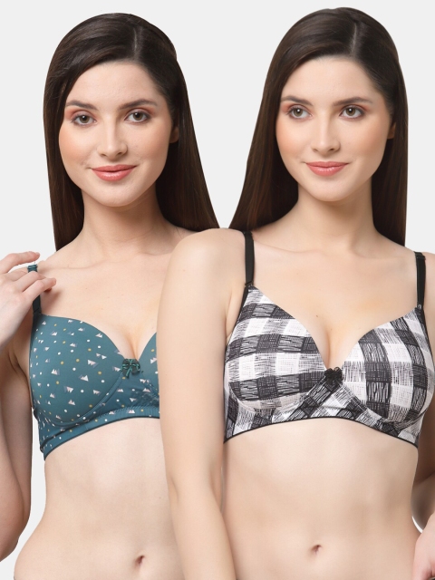 

Floret Pack Of 2 Black & Teal Blue Geometric Bra Lightly Padded