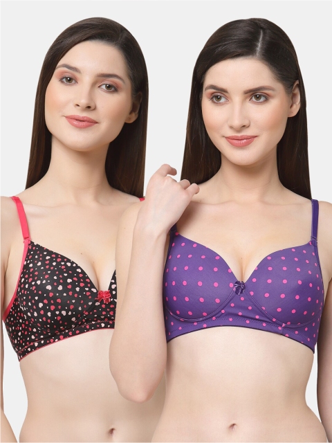 

Floret Purple & Black Pack of 2 Polka Dot Printed Lightly Padded Non Wired Push-Up