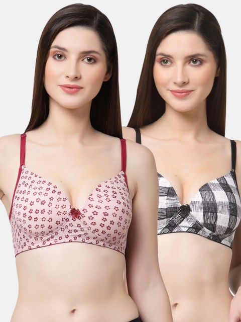 

Floret Pack Of 2 Peach-Coloured & Maroon Floral Push-Up Bra Lightly Padded