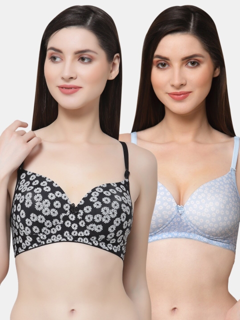 Floret Pack of 2 Black & Blue Floral Bra Lightly Padded