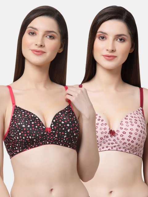 

Floret Pack of 2 Maroon & Red Floral Bra Lightly Padded
