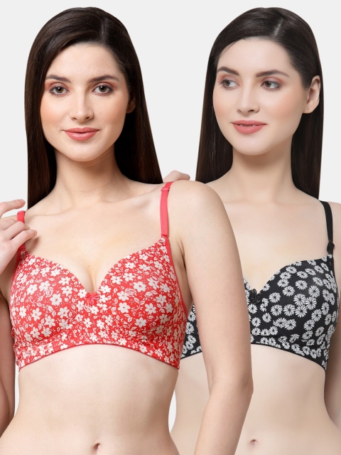 

Floret Red & Black Pack of 2 Floral Printed Lightly Padded Non-Wired Push-Up Bra