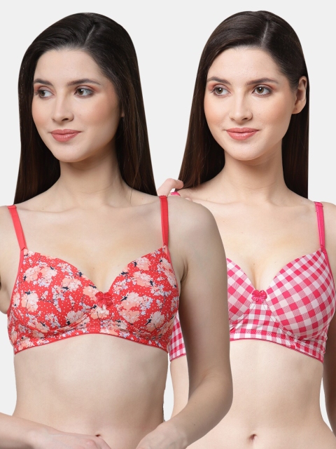 

Floret Pack Of 2 Red & Magenta Graphic Bra - Lightly Padded