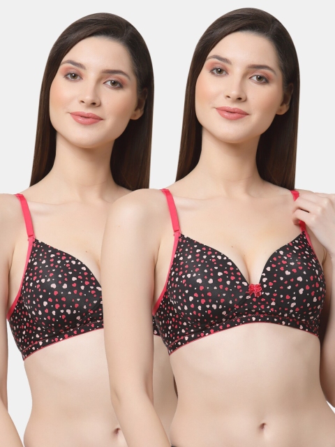 

Floret Black & Coral Set Of 2 Printed Lightly Padded All Day Comfort T-Shirt Bra