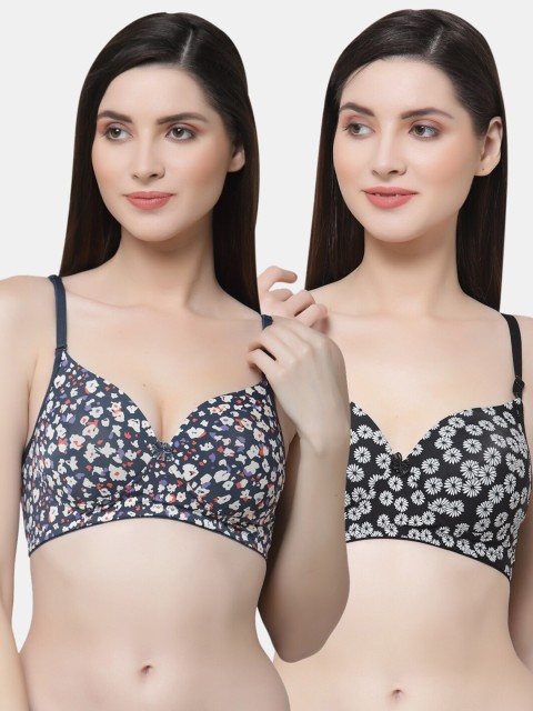 

Floret Pack of 2 Navy Blue & Black Floral Lightly Padded Bra