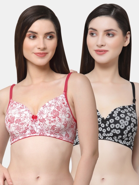 

Floret Pack of 2 White & Black Floral Bra - Lightly Padded