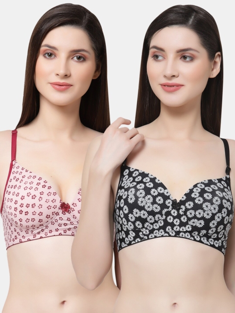 

Floret Pack of 2 Printed Bra Lightly Padded, Black