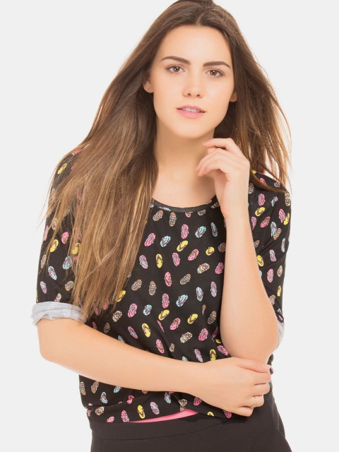 

Sugr Women Black & Pink Conversational Printed Overlapped Rayon Top