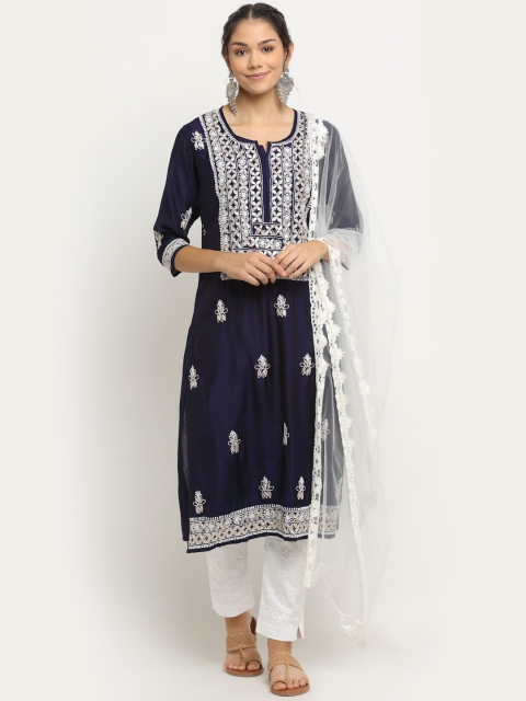 

Saksh Women Navy Blue Ethnic Motifs Chikankari Kurta with Trousers & With Dupatta