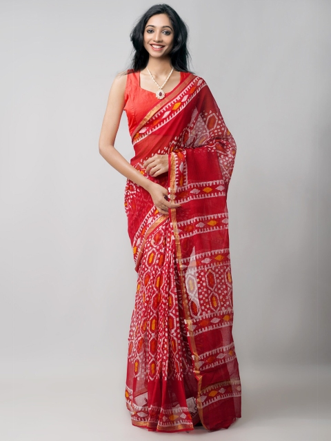 

Unnati Silks Red & White Batik Zari Pure Cotton Kota Saree