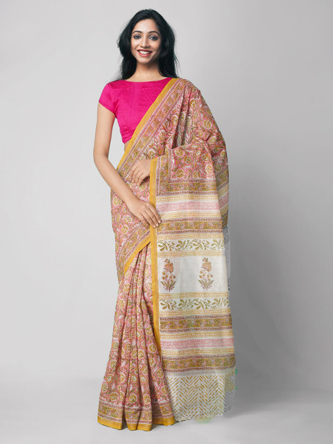 

Unnati Silks Pink & Green Ethnic Motifs Printed Silk Cotton Chanderi Saree