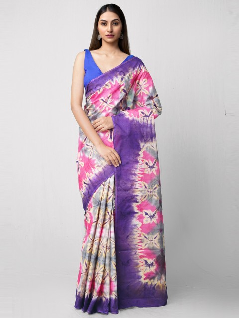 

Unnati Silks Violet & White Tie and Dye Shibori Pure Cotton Saree