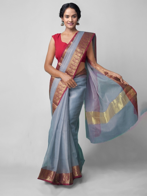 

Unnati Silks Grey & Maroon Checked Zari Silk Cotton Kota Banarasi Saree