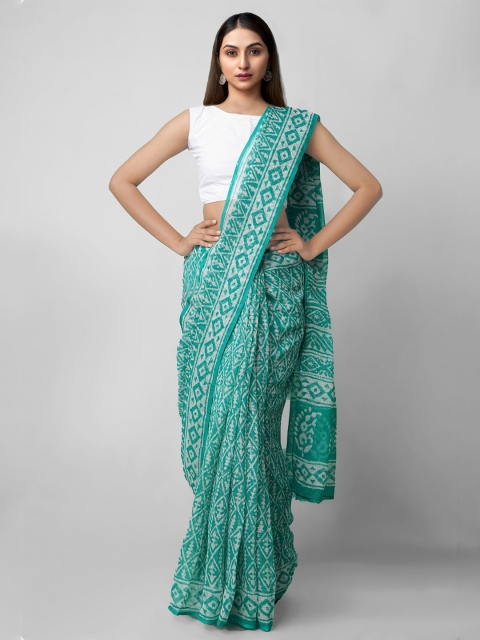 

Unnati Silks Green & White Dabu Pure Cotton Kota Saree