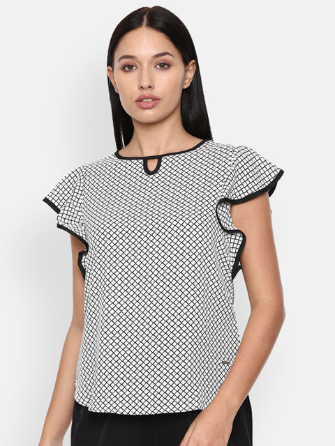 

Van Heusen Woman White & Black Geometric Printed Keyhole Neck Top
