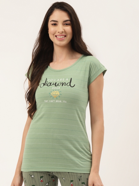 

BROOWL Women Sage Green Printed Loose Fit Pure Cotton Lounge T-Shirts