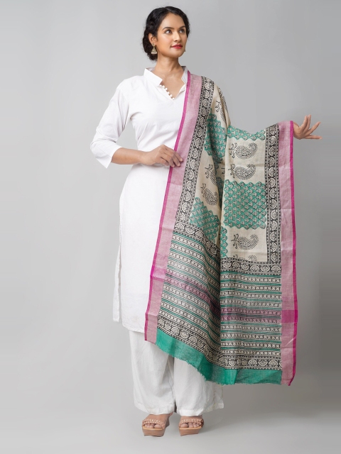 

Unnati Silks Cream-Coloured & Sea Green Ethnic Motifs Printed Linen Tie and Dye Dupatta