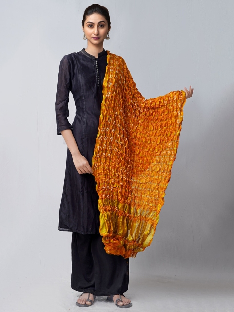 

Unnati Silks Orange & Golden Bandhani Dyed Sustainable Pure Silk Dupatta with Zari