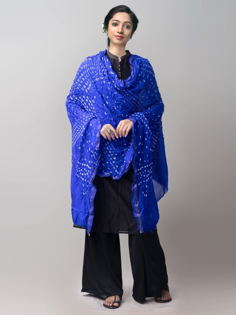 

Unnati Silks Blue & White Dyed Pure Silk Tie & Dye Dupatta with Zari