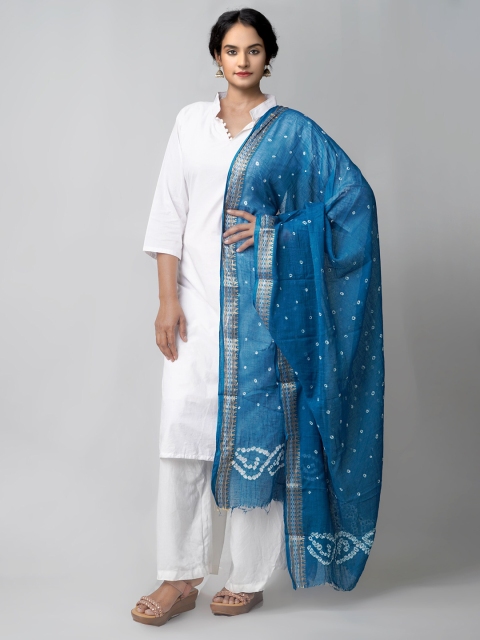 

Unnati Silks Blue & White Printed Pure Cotton Bandhani Dupatta with Zari