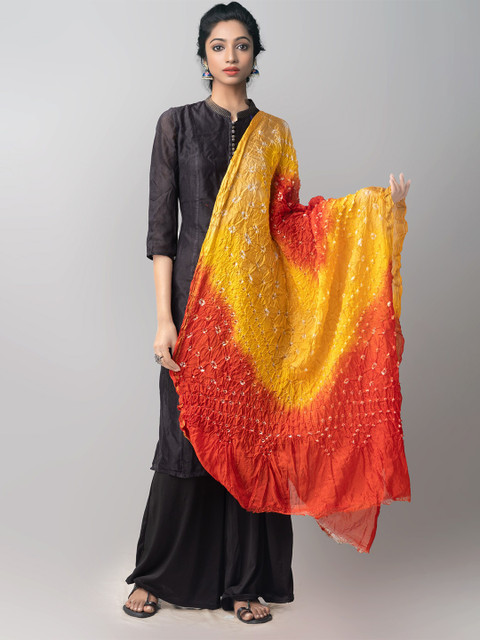 

Unnati Silks Yellow & Red Dyed Pure Silk Tie and Dye Dupatta with Zari