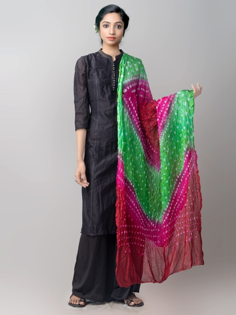 

Unnati Silks Multicoloured Dyed Pure Silk Tie and Dye Pure Bandhani Silk Dupatta with Zari, Multi