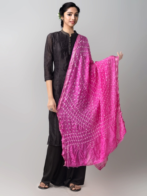 

Unnati Silks Pink & White Dyed Pure Silk Tie and Dye Dupatta