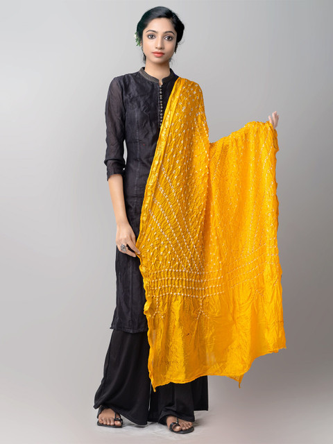 

Unnati Silks Yellow & White Dyed Pure Silk Tie and Dye Dupatta with Zari