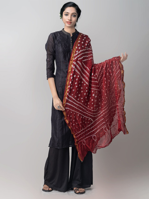 

Unnati Silks Maroon & White Dyed Pure Silk Tie and Dye Bandhani Dupatta with Zari