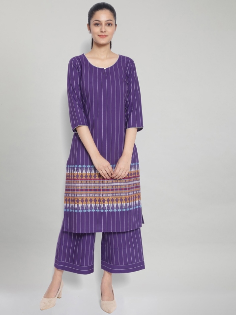 

AURELIA Women Purple & White Striped Printed Pure Cotton Kurti with Palazzos